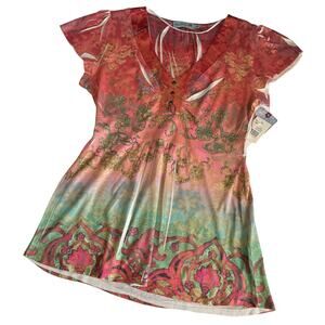 Unity World Wear Red Ombre Y2K Print Short Sleeve Shirt Size Medium Petite